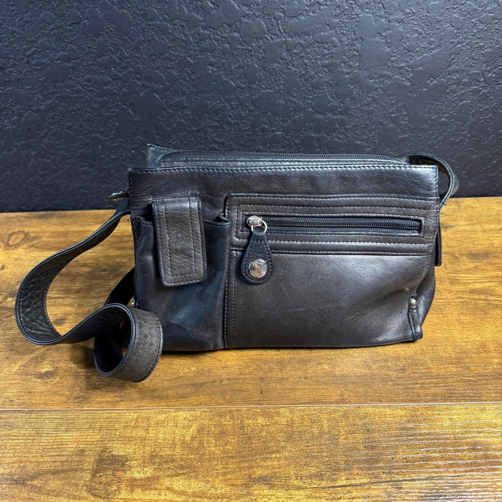Perlina New York Multi-Pocket Black Leather Crossbody Bag Womens Small